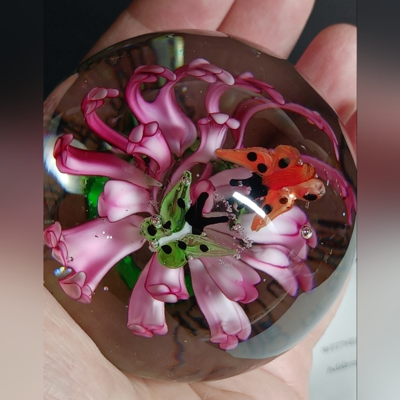 2" Art Glass Paperweight with Pink Flower And Butterflies - Picture 2 of 9